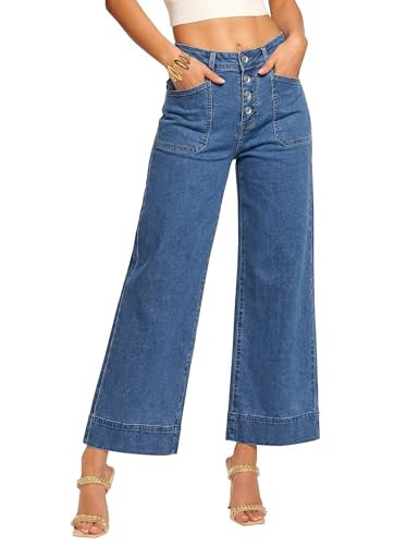 luvamia Women's Cropped Jeans Wide Leg High Waisted Button Fly Baggy Denim Pants Trendy Wide Leg Jeans for Women High Waist Classic Blue Size XX-Large US 20 to 22 | Amazon (US)