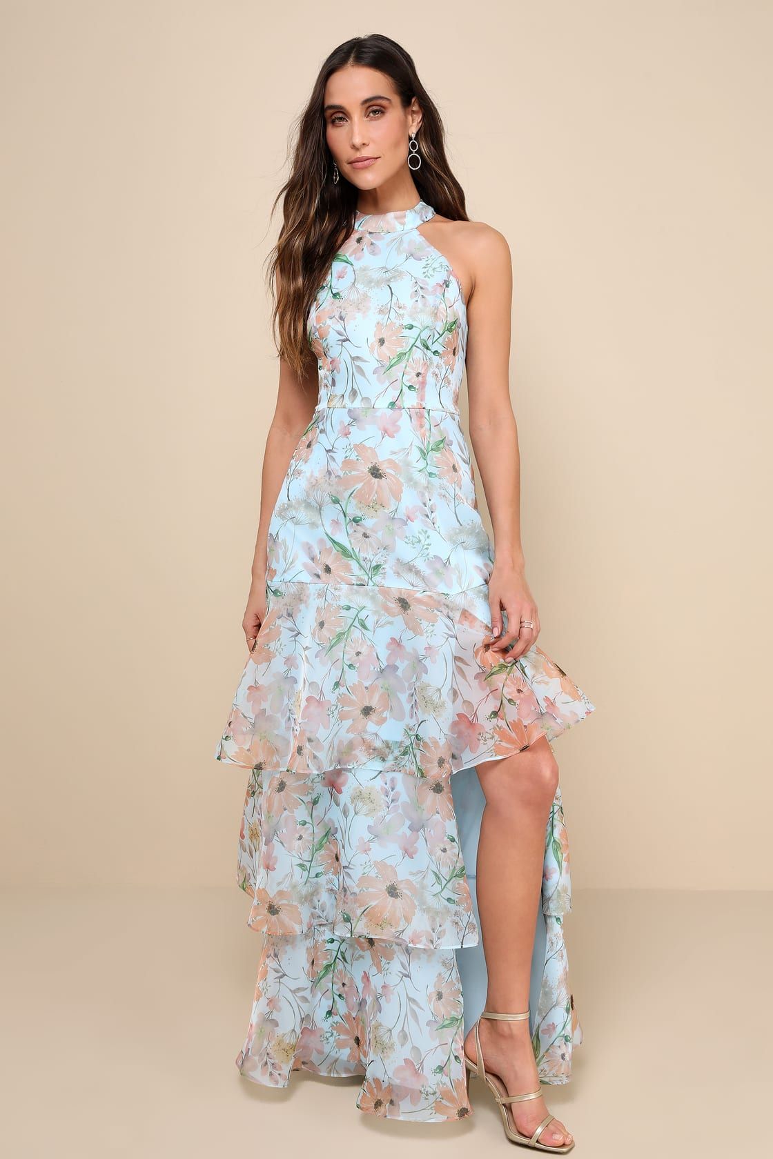Forever Exceptional Light Blue Floral Halter Organza Maxi Dress | Lulus