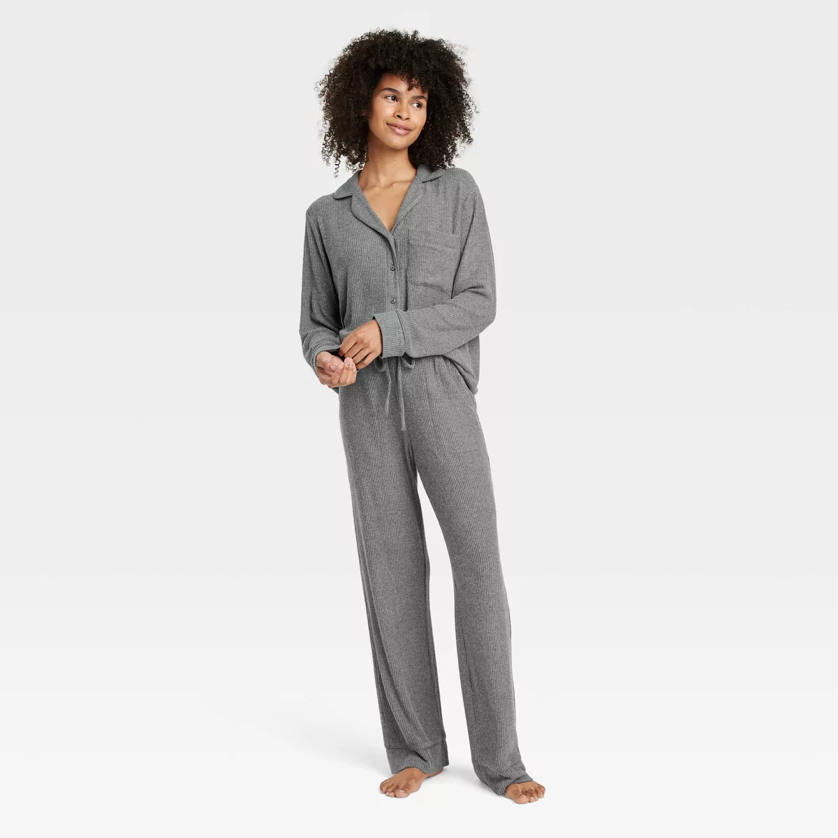 Women's Cozy Ribbed Long Sleeve Notch Collar Shirt and Pants Pajama Set - Auden™ | Target