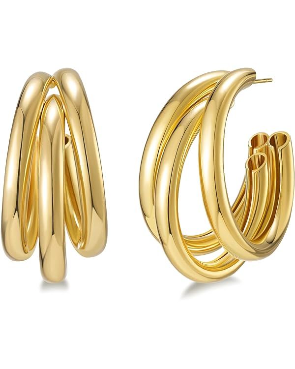 SWEETV Chunky Hoop Earrings for Women, 925 Sterling Silver Post Triple Open Hoops, Diameter 15/20... | Amazon (US)