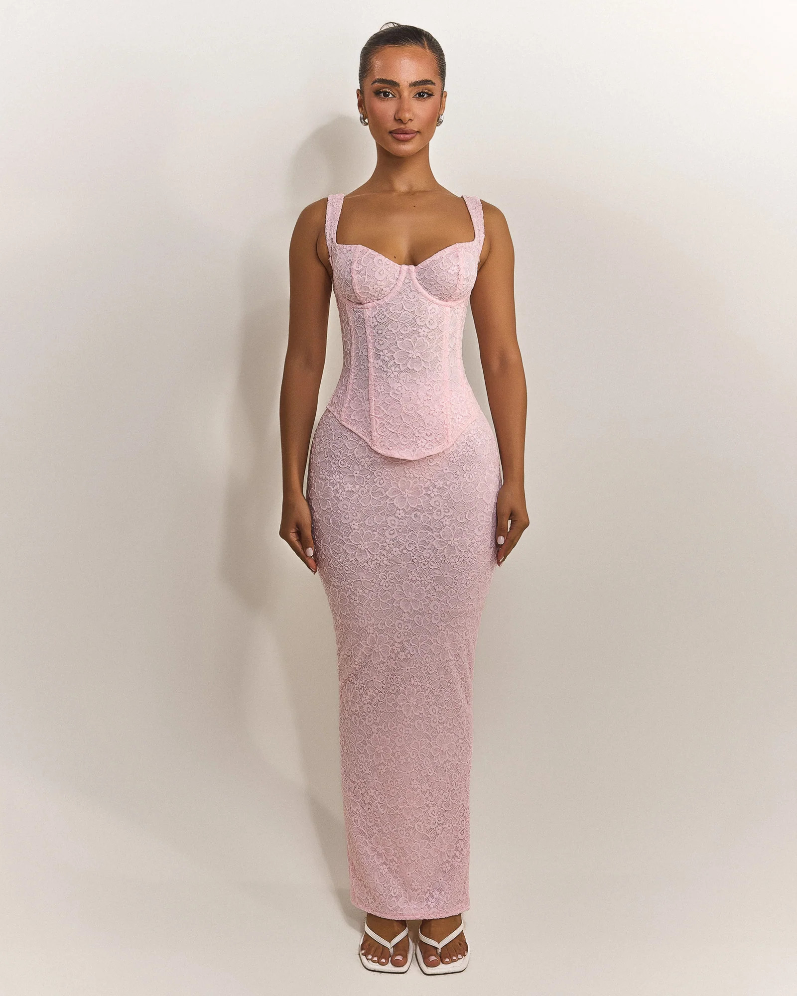The Cinched Lace Corset Maxi Set in Baby Pink | Mars The Label
