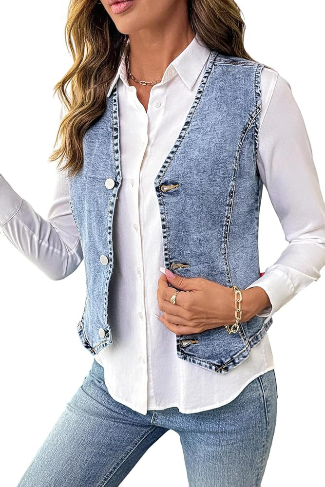 Sidefeel Women's Denim Vest Sleeveless V Neck Zimbaplatinum Jean Vest Top Button Down Crop Waistc... | Amazon (US)