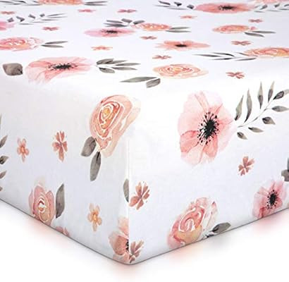 Pink Floral Girl Crib Sheet - 100% Finely Combed Cotton, Breathable, Super Soft Watercolor Rose B... | Amazon (US)