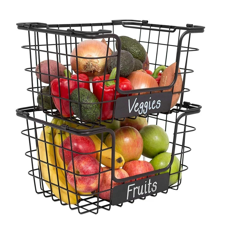 BirdRock Home Stacking Wire Market Baskets with Chalk Label - Set of 2 - Black | Walmart (US)