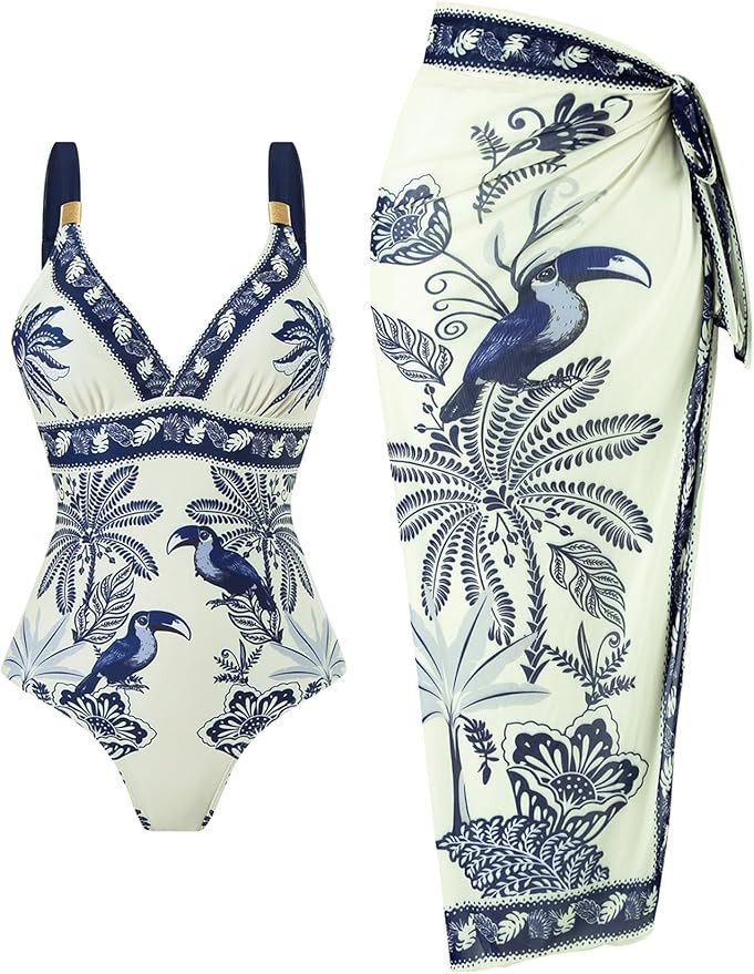 Leoparts Women's One Piece Swimsuit with Sarong Cover Up V Neck Floral Print Bathing Suit with Me... | Amazon (US)
