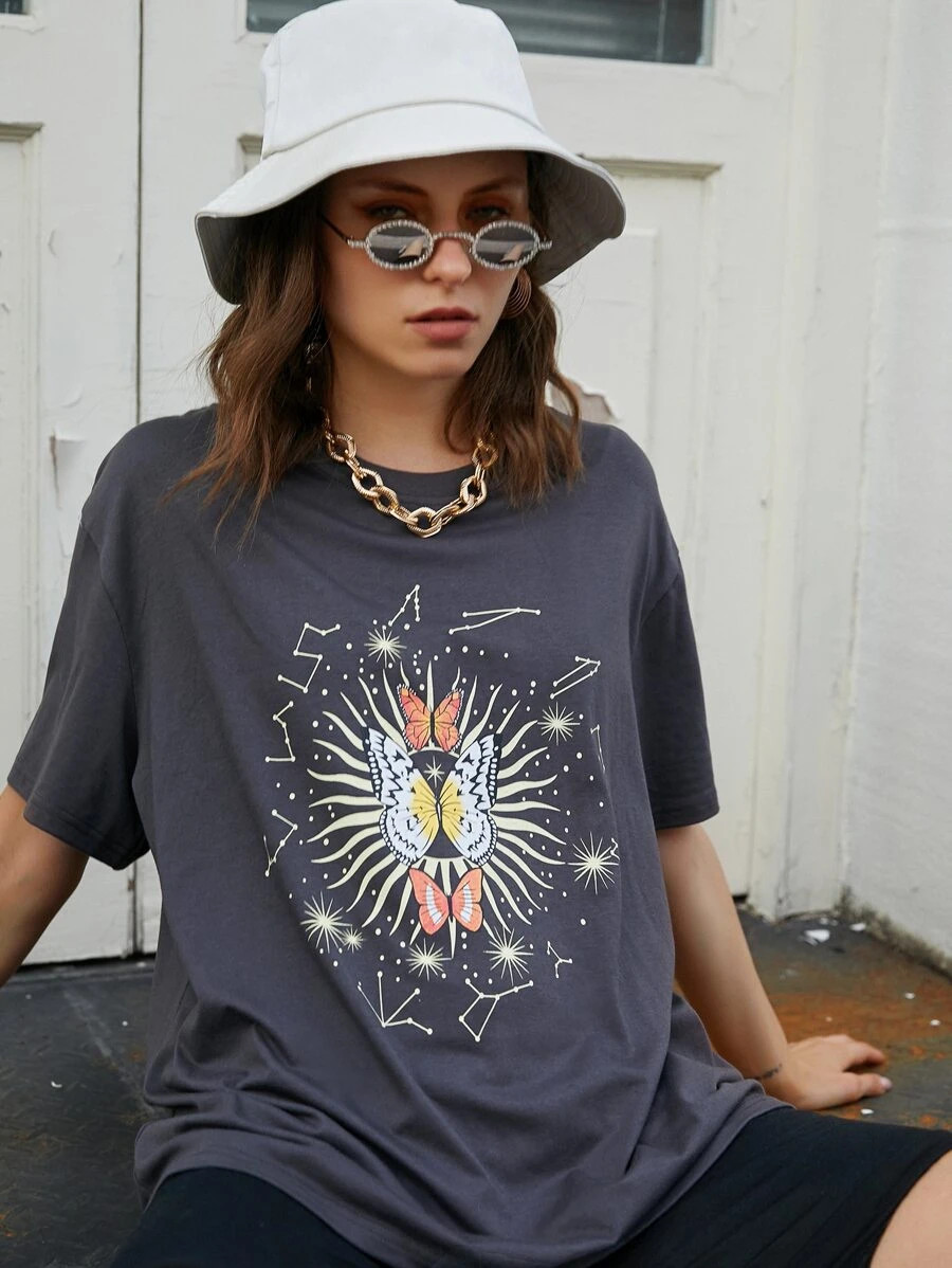 Butterfly And Constellation Print Oversized Tee | SHEIN
