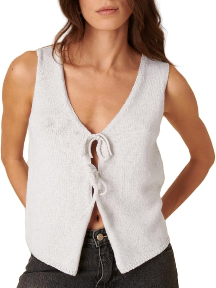 Women Sleeveless Knit Vest Top V Neck Open Front Tie Up Crochet Crop Top Casual Vintage Y2k Sweat... | Amazon (US)