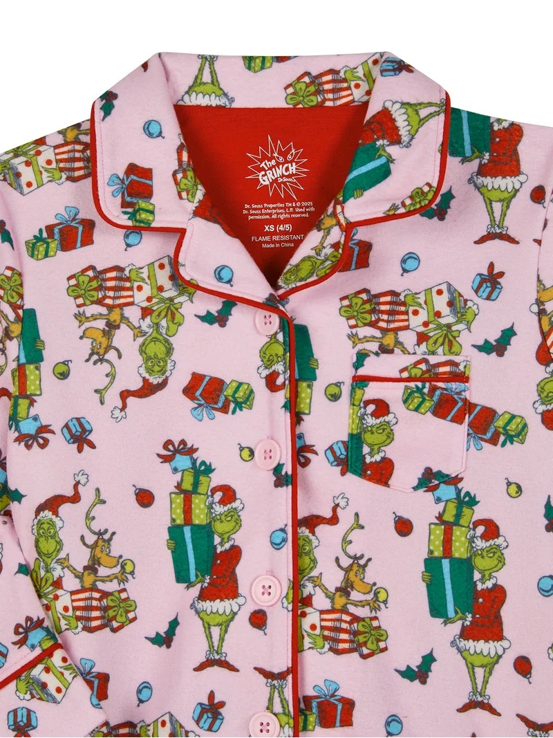 Grinch Girls Notch Collar Top and Sleep Pants Pajama Set, 2-Piece, Size M | Walmart (US)