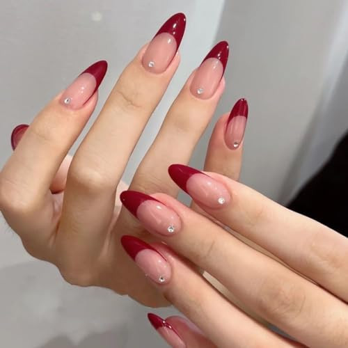 Red French Tip Press on Nails Almond Medium Fake Nails French Nail Press ons Full Cover Acrylic Glue on Nail Natural Almond Nails Rhinestone False Nails for Women Manicure 12 Sizes 24Pcs | Amazon (US)