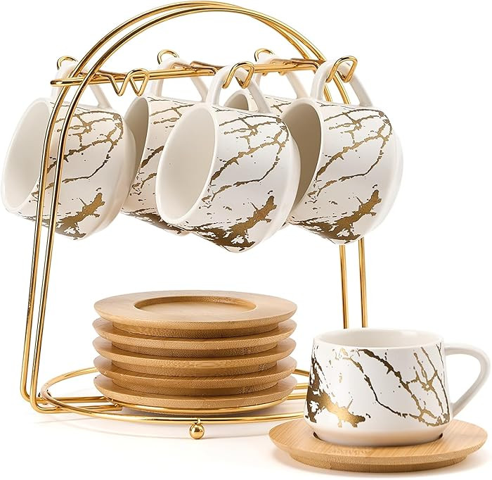LUKA Ceramic Espresso Cups with Saucers and Metal Stand, Small 4 oz Porcelain Demitasse Cups Set ... | Amazon (US)