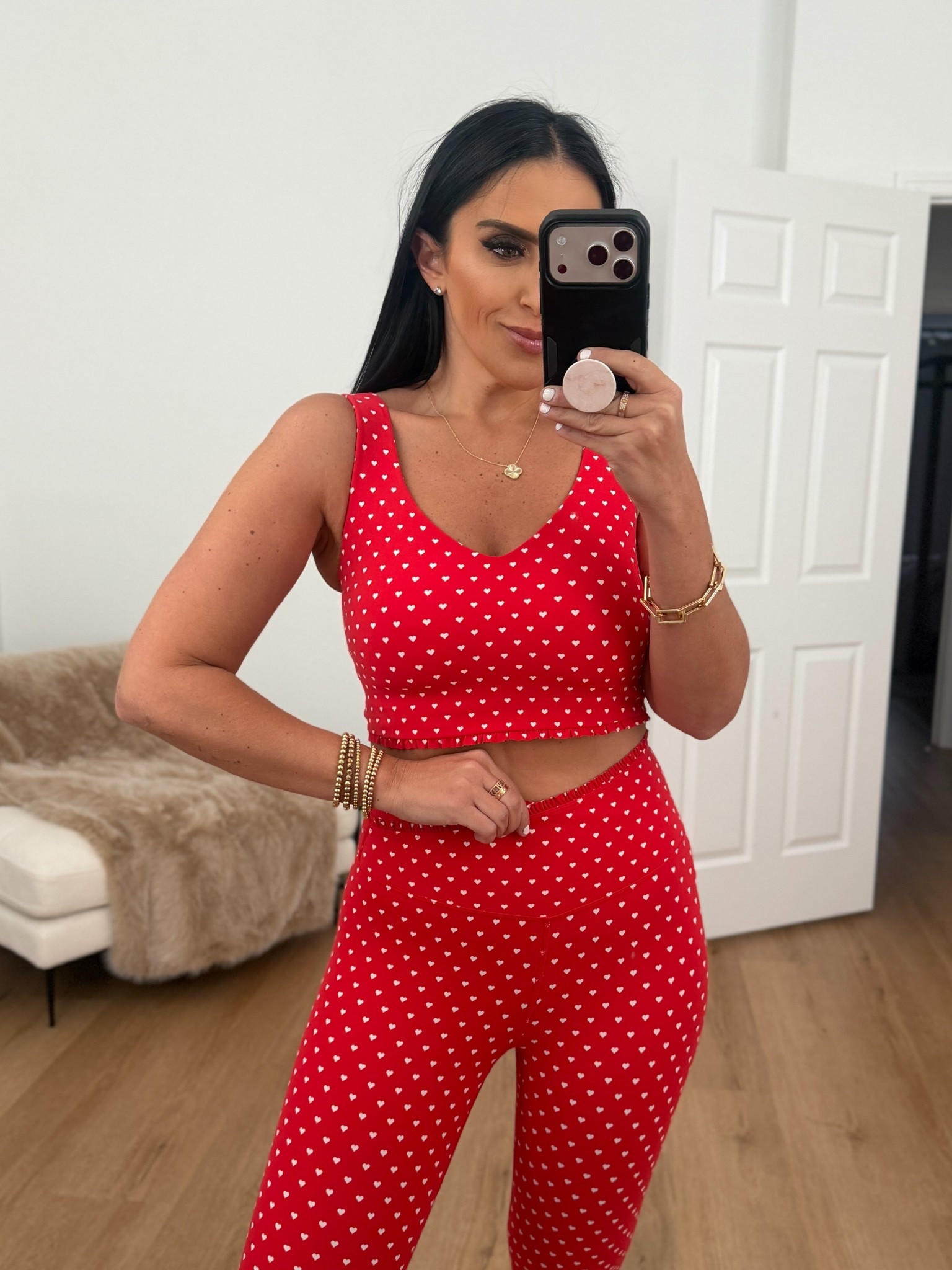 Women's Everyday Soft Light Support Ruffle Longline Bra wearing size medium. Women's Everyday Soft Ultra High-Rise Ruffle Crossover 7/8 Leggings wearing size medium. 