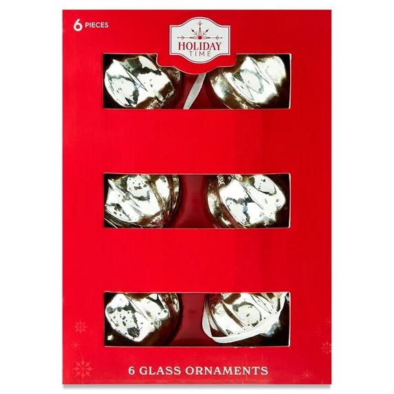 Silver Glass Ball Christmas Ornaments, 3", 6 Count, by Holiday Time | Walmart (US)