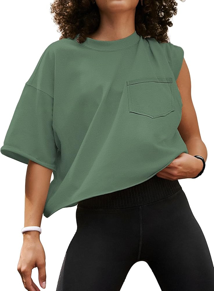 ATHMILE Womens Oversized T-Shirts Short Sleeve Workout Crop Tops Casual Drop Shoulder Boxy Roll H... | Amazon (US)
