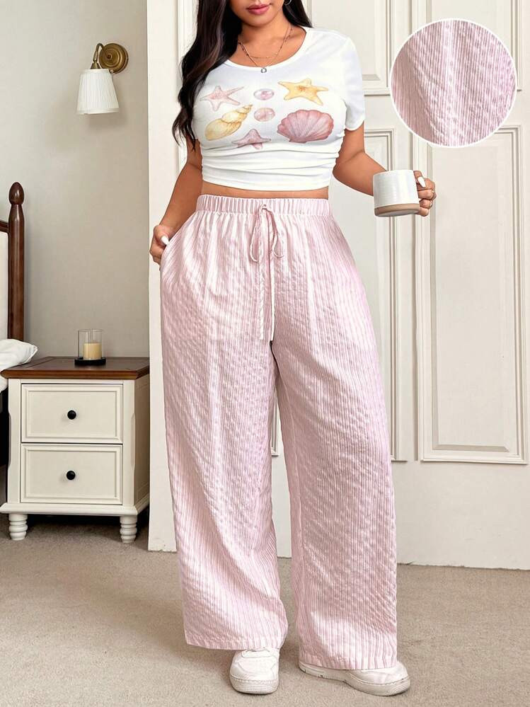 SHEIN EZwear 2pcs Plus Size Women Starfish & Shell Print Round Neck Short Sleeve T-Shirt And Pant... | SHEIN