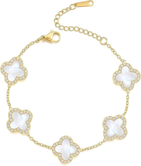 SHINYY Four Leaf Clover Bracelet for Women | 18K Gold Plated Cubic Zirconia Link Bracelet | 4 Lea... | Amazon (US)