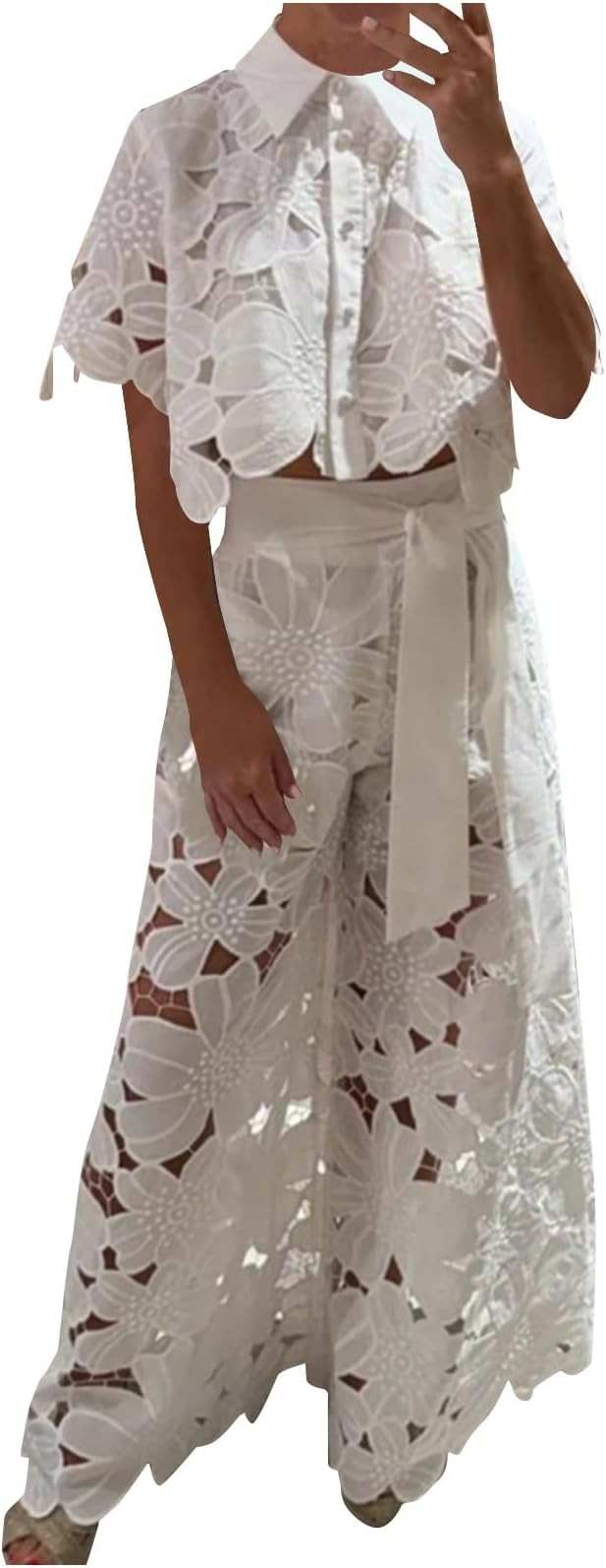 Oplxuo Women's Sexy 2 Piece Outfits Button Lace Flower Shirts Tops Wide Leg Pants, Lace Outfits f... | Amazon (US)