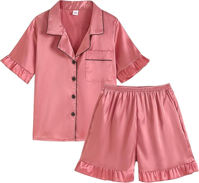 Vopmocld Girls Button Down Satin Pajama Sets 2PCS Ruffle Short Sleeve Top with Shorts Sleepwear S... | Amazon (US)