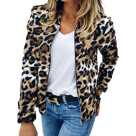 Ma&Baby Women Leopard Jacket Coats Zip Up Biker Flight Casual Top Coat Outwear | Walmart (US)
