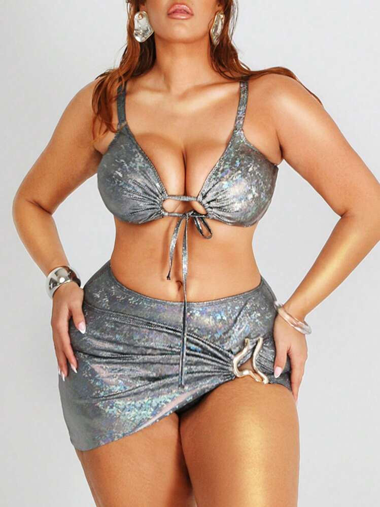 SHEIN Swim SXY 3pcs/Set Plus Size Women Summer Music Festival Sexy Silver Metallic Swimwear | SHEIN