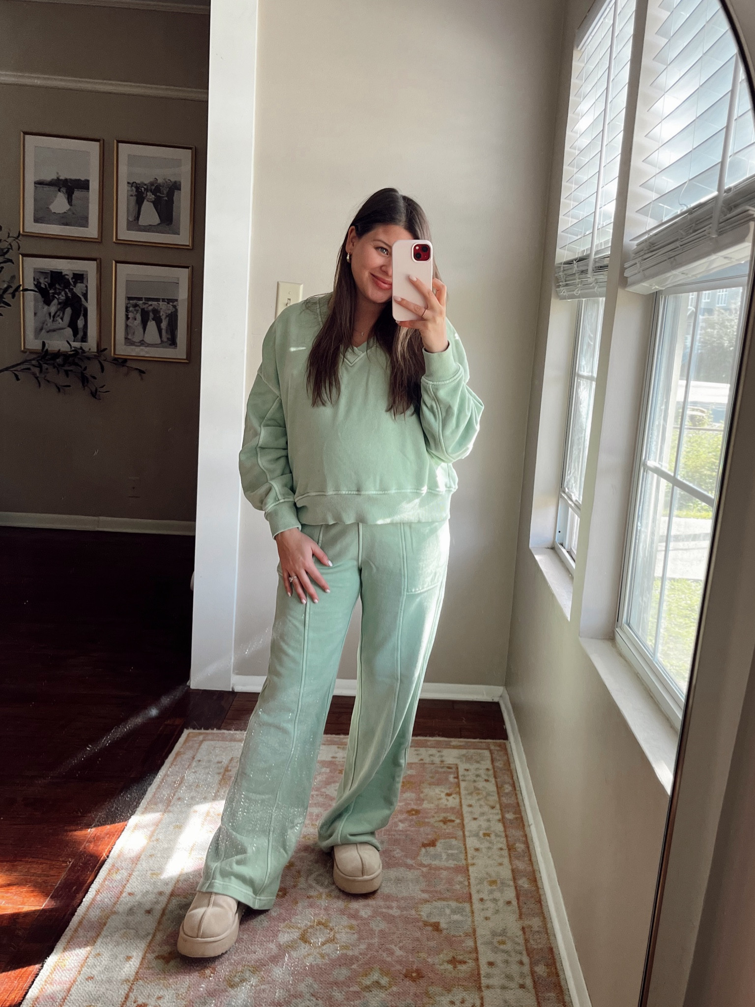 The comfiest sweat set on sale at Aerie! Wearing a size small! 

Sweatsuit. Green set. Aerie. American eagle. Skater pant. Crop sweatshirt. Casual outfit. Loungewear. Ugg dupe slippers. Vneck. Cloud slippers. 

#LTKbump #LTKfindsunder50