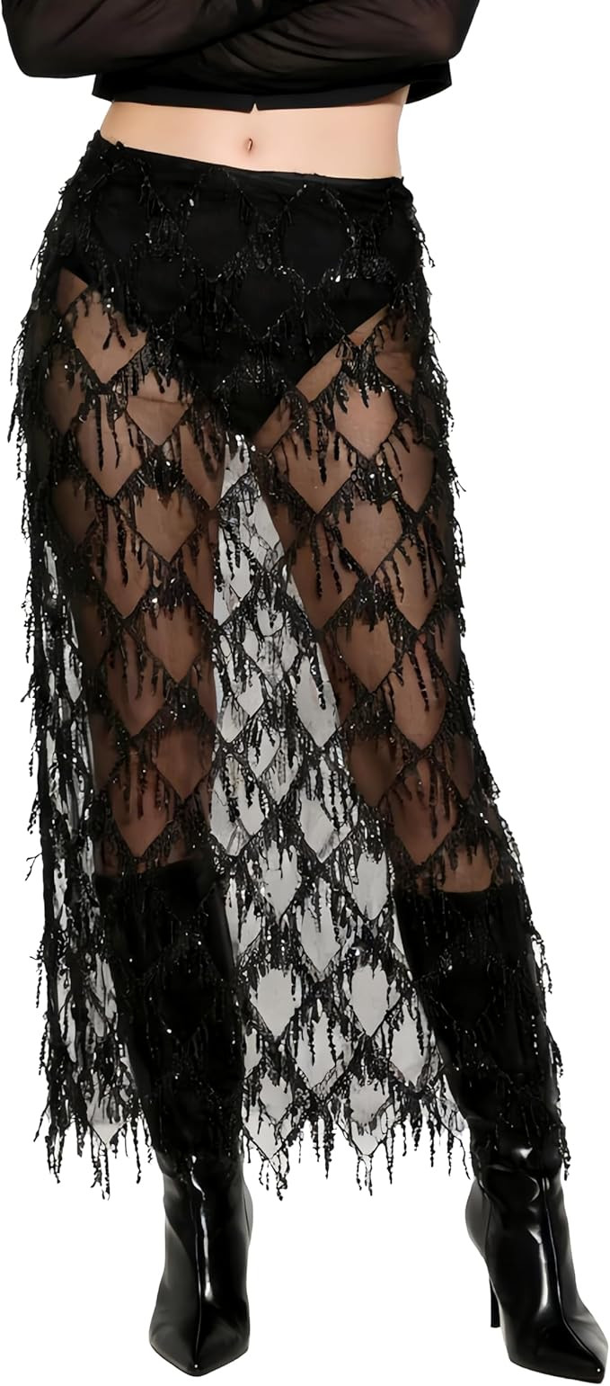 AXX Women's Sequin Fringe Midi Skirt - Sheer Mesh Sparkly Tassel Skirt with Side Slit, Elastic Wa... | Amazon (US)