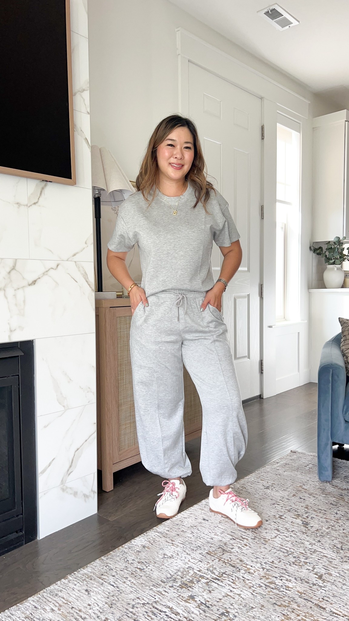 Walmart set that feels like Spanx!!
Tee: Medium
Barrel Pants: Small
Look for less Sneakers: TTS 
