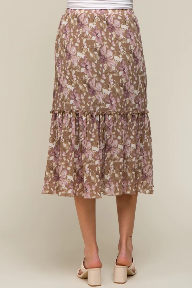 Mocha Floral Plisse Ruffle Accent Maternity Midi Skirt | PinkBlush Maternity
