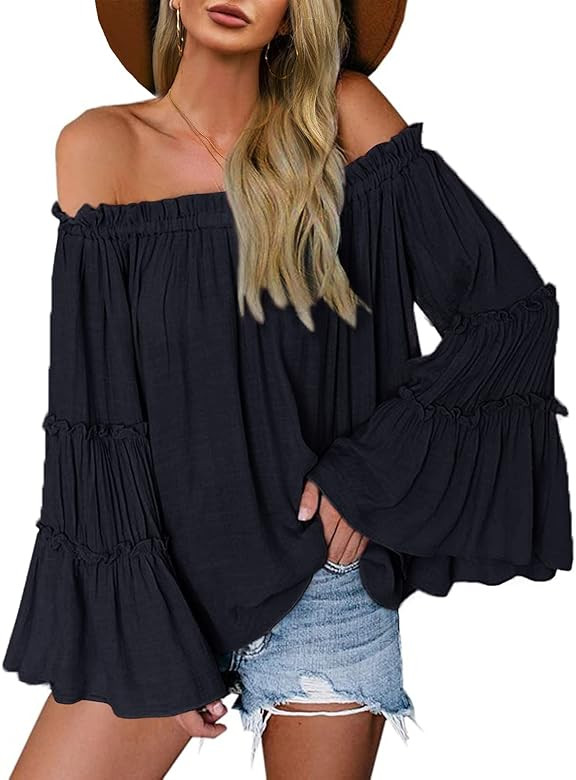 Womens Off The Shoulder Long Bell Sleeve Tops Flared Casual Loose Blouse | Amazon (US)