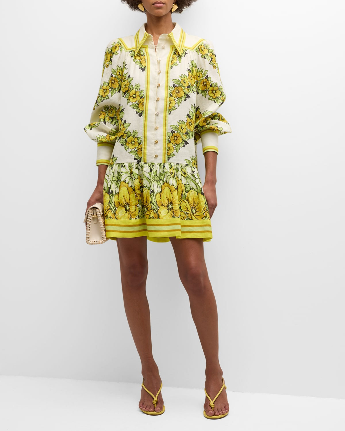 Gisela Floral Linen Balloon-Sleeve Mini Shirtdress | Neiman Marcus