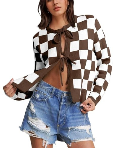 Women Checkered Bow Tie Cardigan Y2K Plaid Color Block Long Sleeve Open Front Sweater Hollow Out Knit Jacket Brown | Amazon (US)