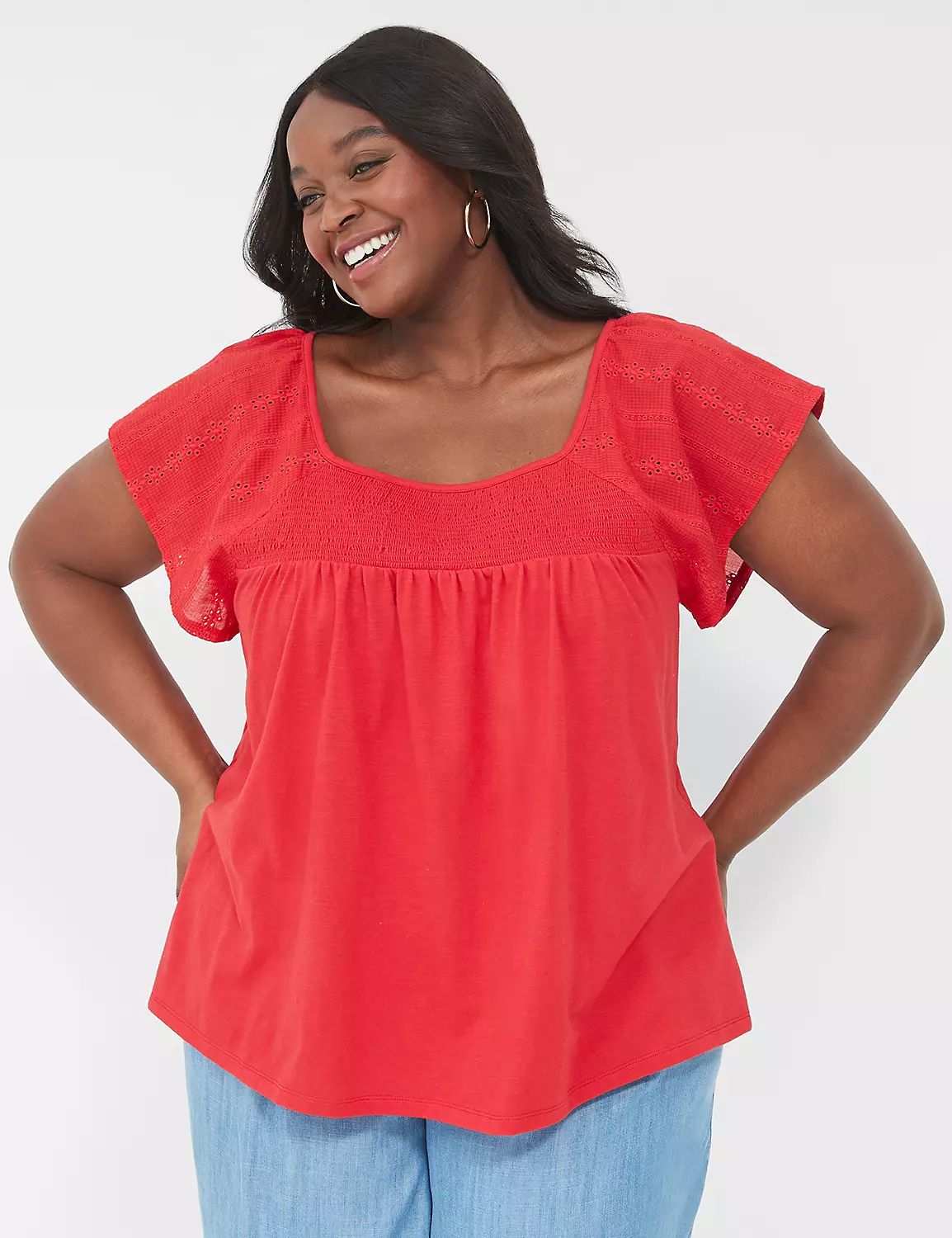 Relaxed Eyelet-Sleeve Smocked-Neck Top | LaneBryant | Lane Bryant (US)