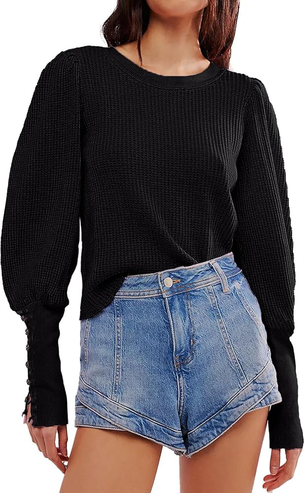 Women's 2024 Fall Puff Long Sleeve Crew Neck Sweatshirt Pullover Waffle Knit Casual Winter Therma... | Amazon (US)