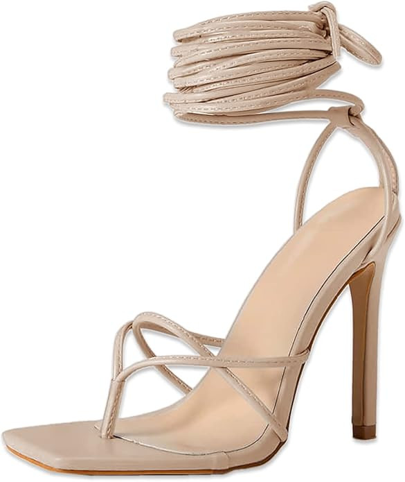 PiePieBuy Women's Lace Up Heeled Sandals Square Flip Flop High Heels Strappy Party Shoes | Amazon (US)