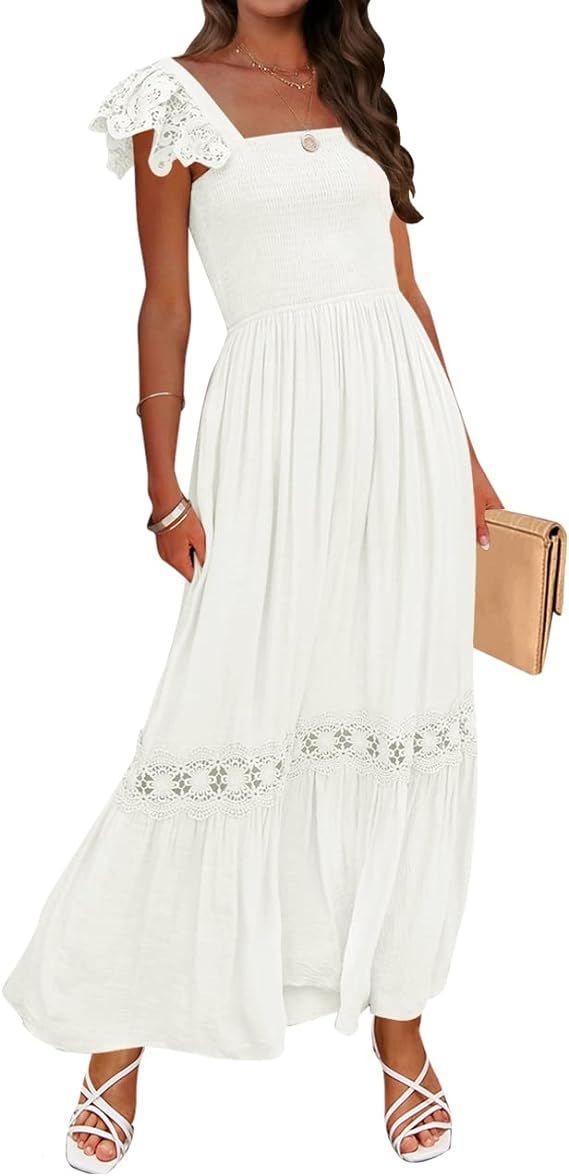 ZESICA Women's 2024 Summer Lace Strap Sleeveless Square Neck Smocked High Waist Ruffle Hollow Out... | Amazon (US)
