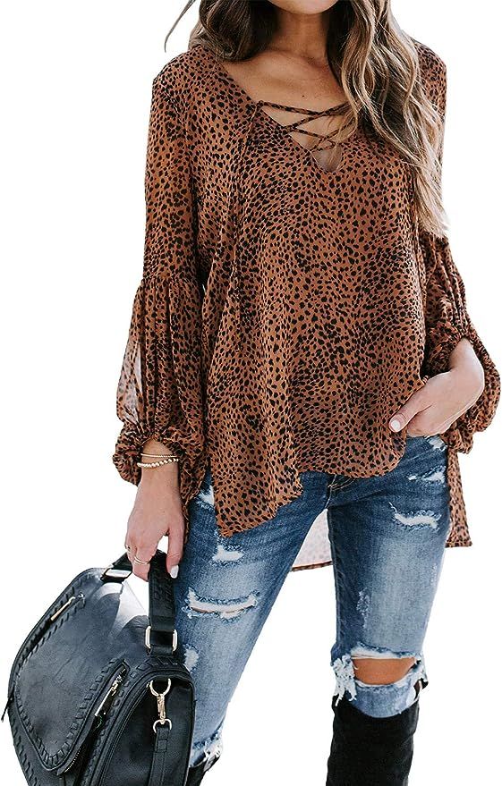 Happy Sailed Women Stylish V Neck Chiffon Tops Casual Solid Blouse Loose High Low Shirts S-2XL | Amazon (US)