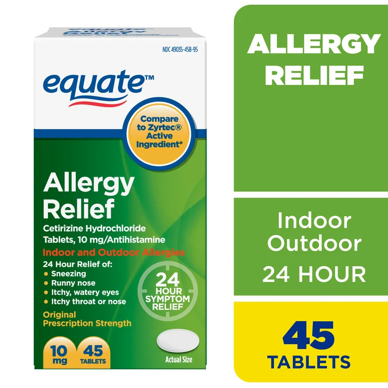 Equate 24 Hour Allergy Pills, Cetirizine Hydrochloride Tablets, 10 mg, 45 Count | Walmart (US)