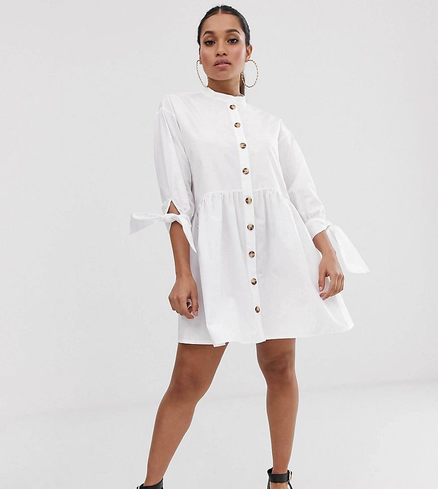 ASOS DESIGN Petite grandad collar button through mini smock dress with tie sleeve-White | ASOS (Global)