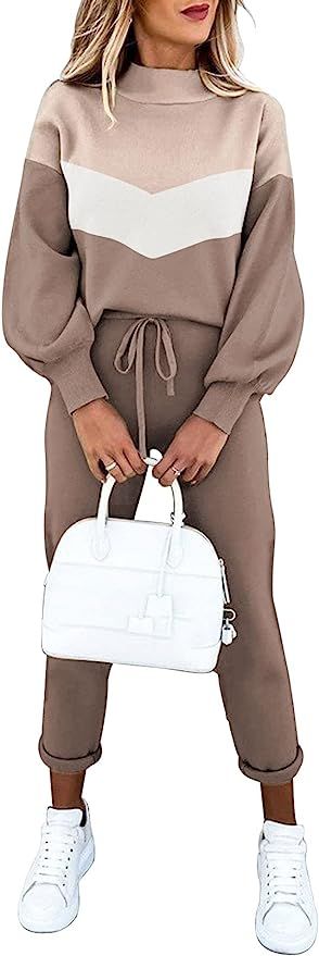 Cutiefox Women's 2 Piece Sweatsuit Outfits Lantern Sleeve Pullover Tops and High Waist Jogger Pan... | Amazon (US)