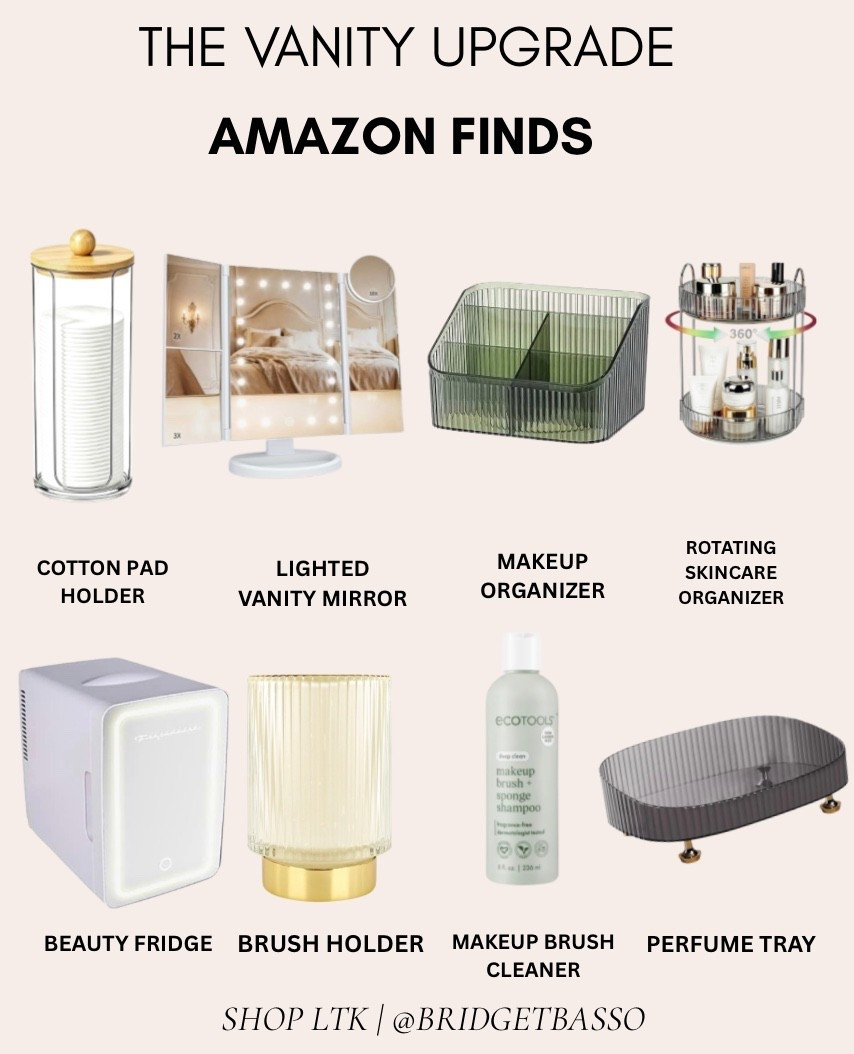 Easy Amazon finds to upgrade and organize your vanity ✨ Beauty organization essentials including a lighted vanity mirror, makeup organizer, skincare organizer, beauty fridge, brush holder, perfume tray, cotton pad holder and makeup brush cleaner.

#LTKgrwm #LTKselfcare #LTKSaleAlert