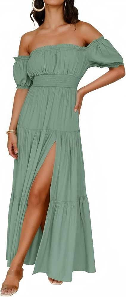 ZESICA Women's 2026 Boho Sexy Off Shoulder Short Sleeve Smocked Side Split Flowy A Line Tiered Lo... | Amazon (US)