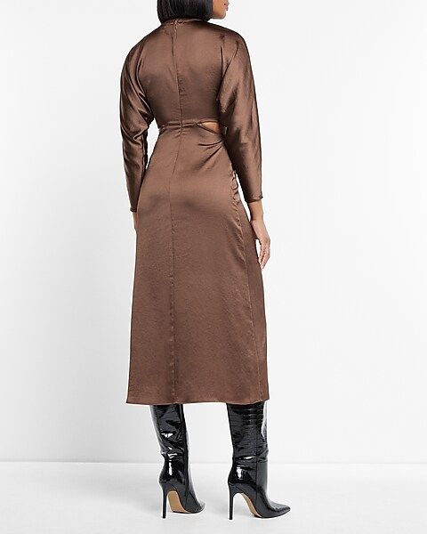 Satin Long Sleeve Cutout Midi Dress | Express