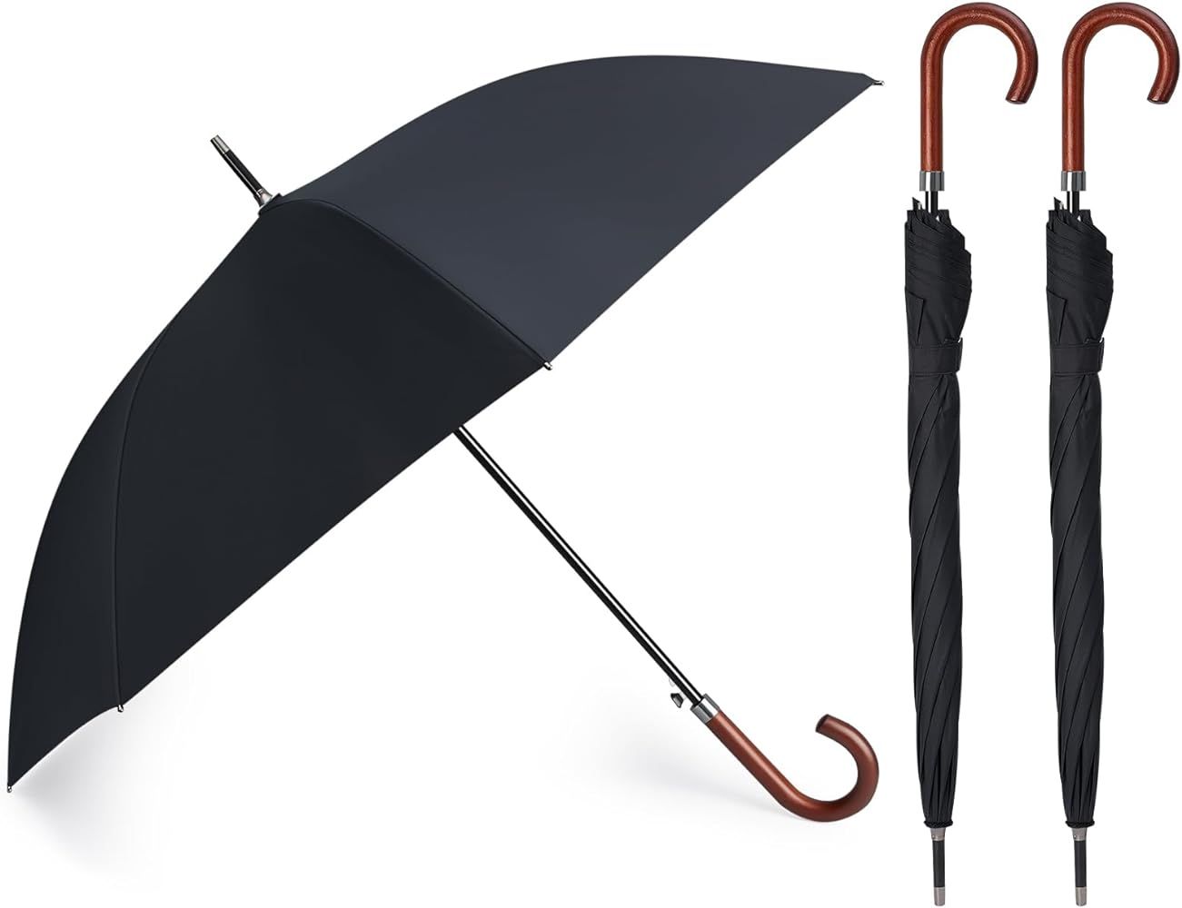 Silkfly 2 Pcs 48 Inch Auto Open Black Umbrella Wooden J Stick Handle Umbrella Windproof Unbreakab... | Amazon (US)