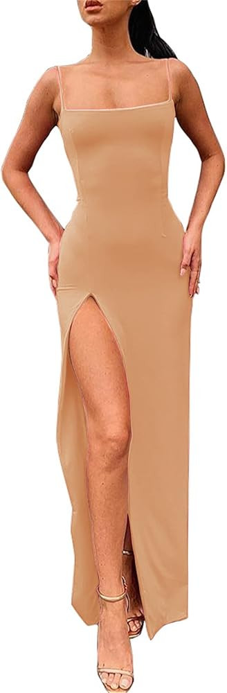 PRIMODA Women's Spaghetti Strap Backless Thigh-high Slit Bodycon Maxi Long Dress Club Party Dress | Amazon (US)