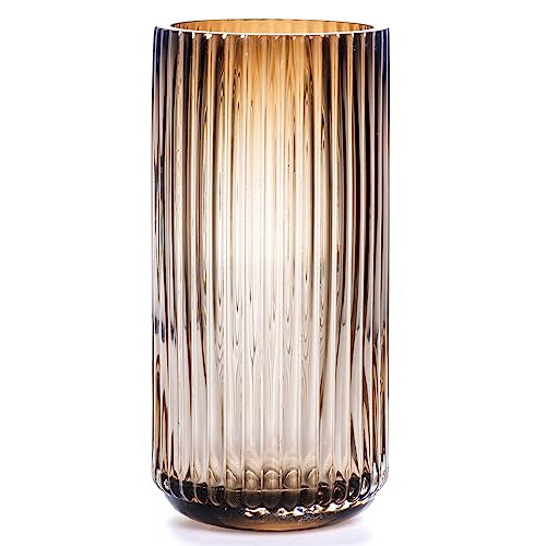 TIMEFOTO Flower Vase 7.5 inch Amber Thickened Hand Blow Glass Vase Round Vintage Striped Bottles ... | Amazon (US)