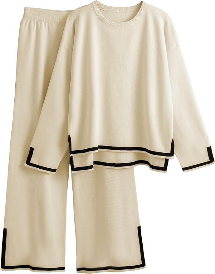 Yeokou Women Sweater Set 2 Piece Long Sleeve Knit Pullover Top Wide Leg Pants Sweatsuits | Amazon (US)
