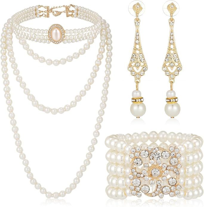 3 Pcs 1920s Pearl Jewelry Set Including Pearl Necklace Dangle Rhinestone Dangle Earrings 20s Brac... | Amazon (US)