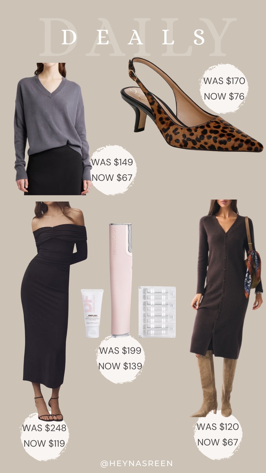 Daily deals on Nordstrom cashmere sweater, Sam Edelman heels, Abercrombie sweater dress, Dermaflash dermaplanning tool, Anthropologie maxi dress 