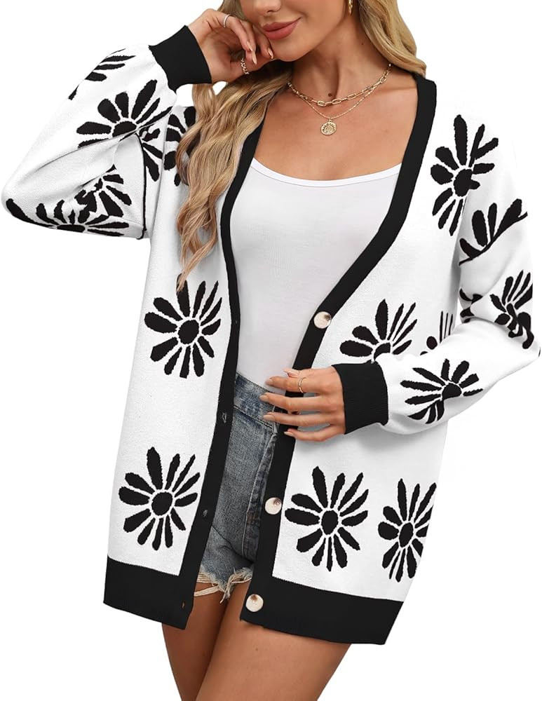 Tanou Womens Floral Cardigan Button Down Long Sleeve Open Front Knit Sweaters | Amazon (US)