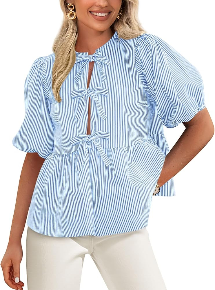 PRETTYGARDEN Women's Tie Front Striped Shirt 2025 Summer Trendy Fashion Cute Babydoll Tops Peplum... | Amazon (US)