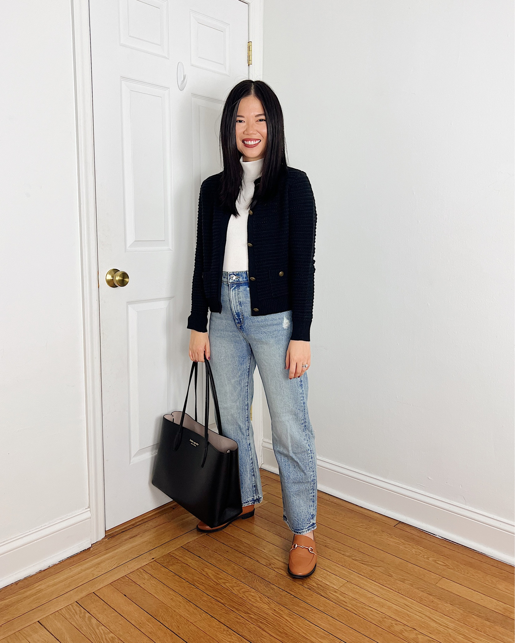 Black sweater jacket (XS)
White mock neck top (XS)
High waisted straight jeans (27P)
Black tote bag 
Kate Spade Bleecker tote bag 
Brown loafers  (TTS)
Smart casual outfit 
Teacher outfit 
Loft outfit 
Fall outfit 
Neutral work outfit 
Neutral outfit

#LTKworkwear #LTKCyberWeek #LTKsalealert
